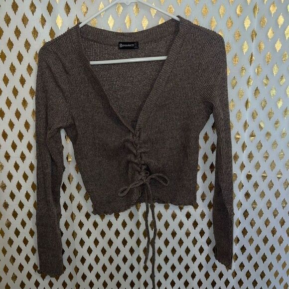 Popular 21 Lace up corset sweater brown fall colors crop top size L - Picture 1 of 4